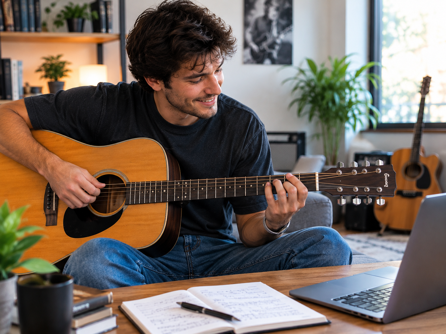 Student reading guitar TAB while playing