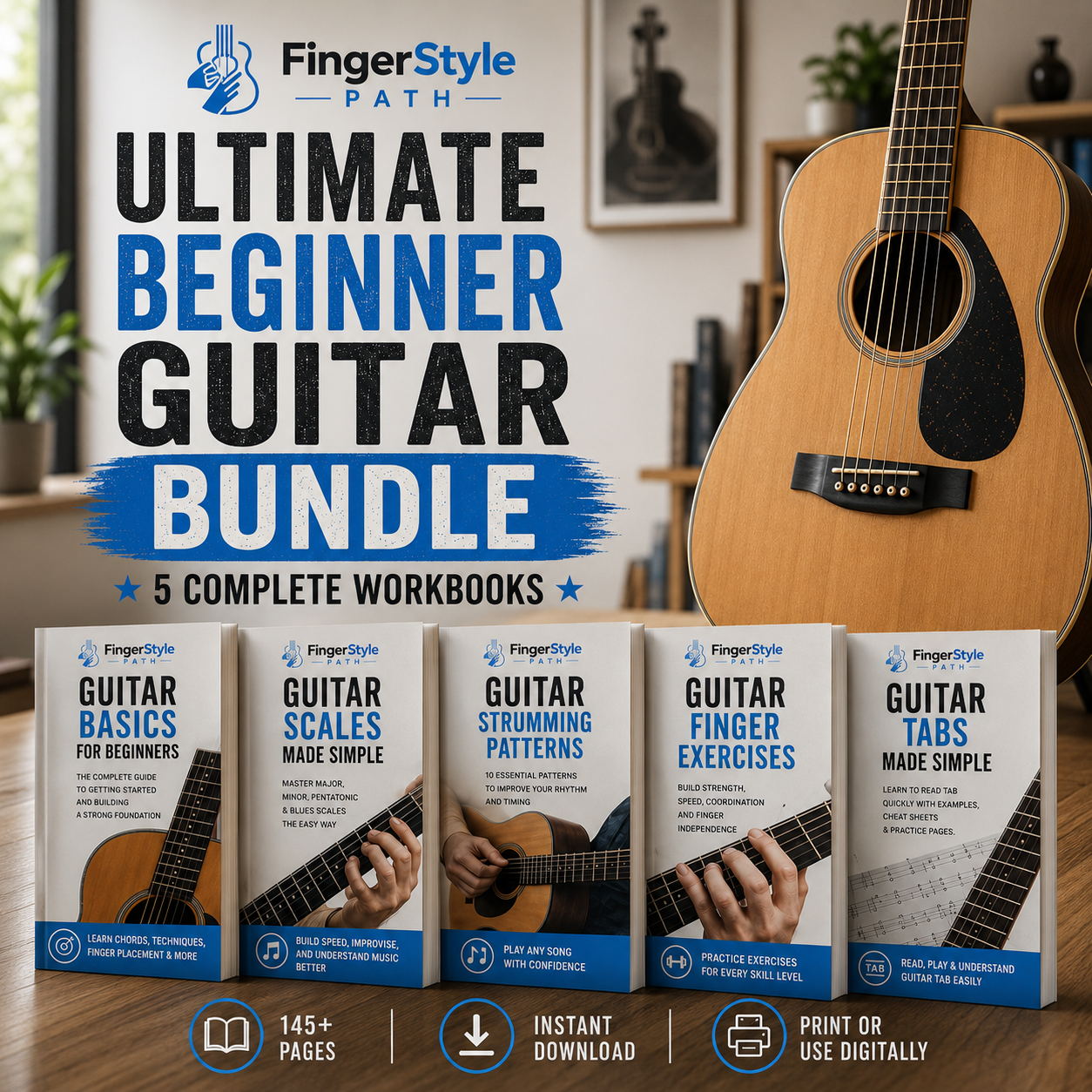 Complete printable guitar learning bundle — 5 workbooks