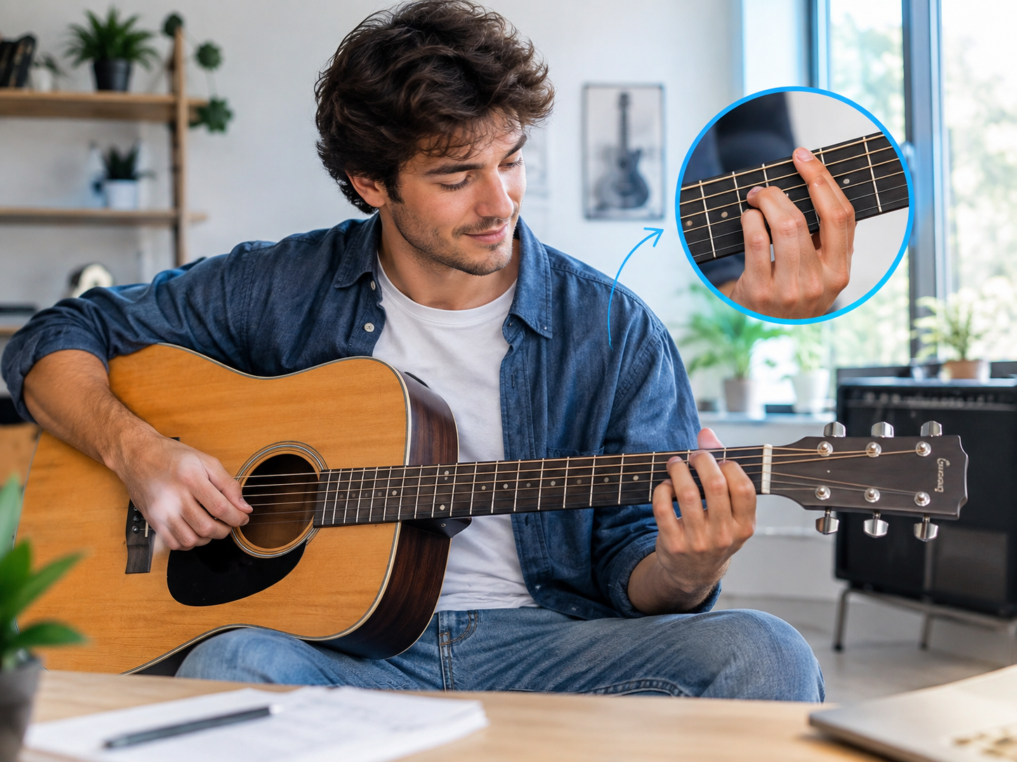 Beginner practicing first guitar chords
